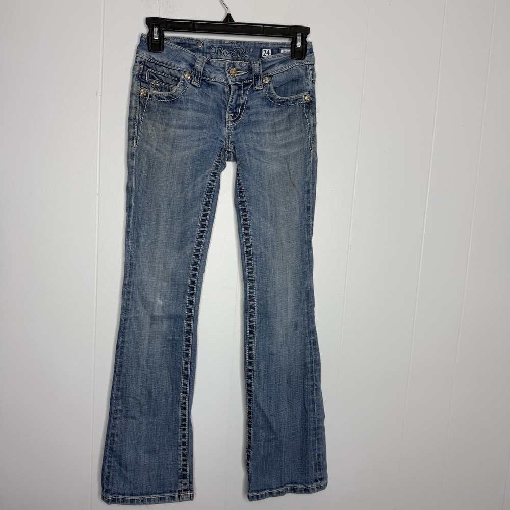 Miss Me Jeans Size 24 JP500gR Blue Studded Rhinestone Cross Boot Cut Y2K Low Ris - Picture 2 of 11